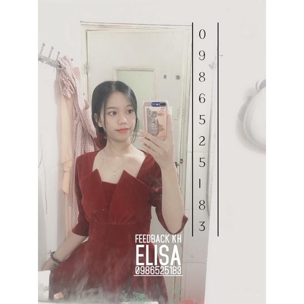 Đầm nhung đỏ đô xoè cổ cách điệu dáng dài 105cm