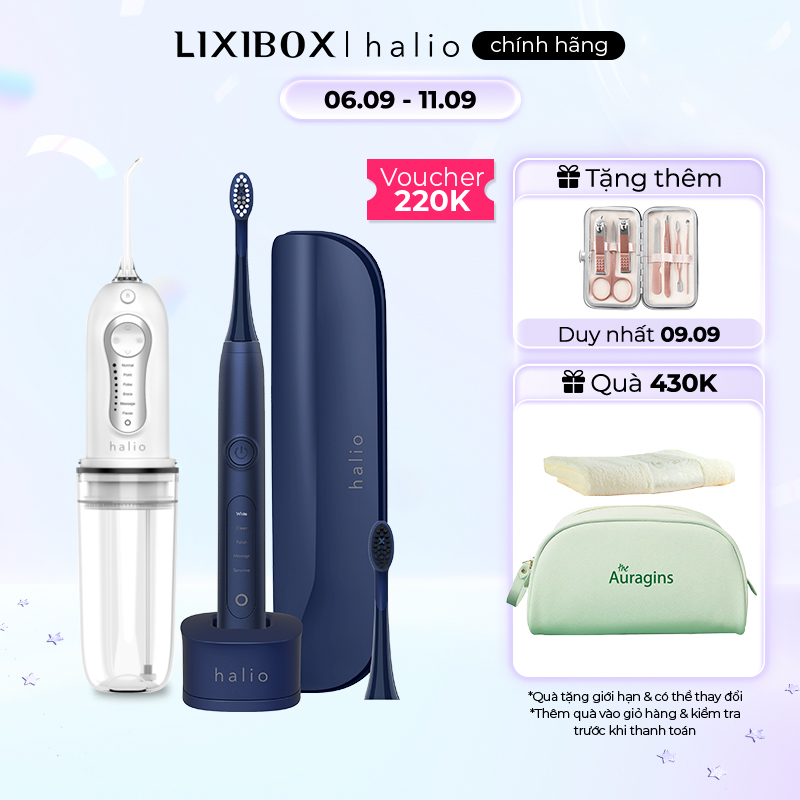 Combo Bàn chải điện Halio Sonic Whitening Toothbrush Midnight Blue và Máy tăm nước cầm tay Halio Professional Cordless Oral Irrigator