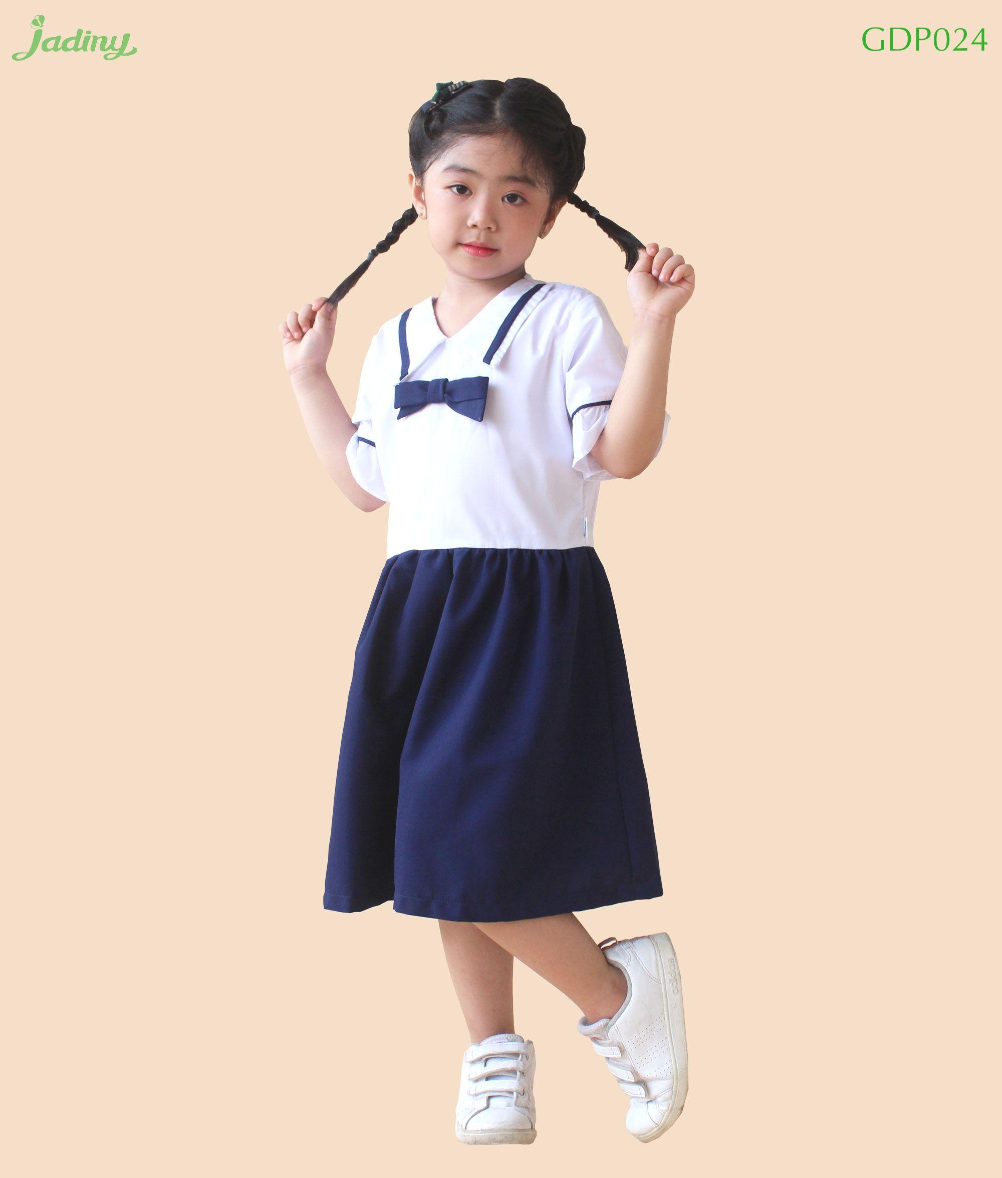 Đầm bé gái đi học cổ phối viền đồng phục học sinh nữ