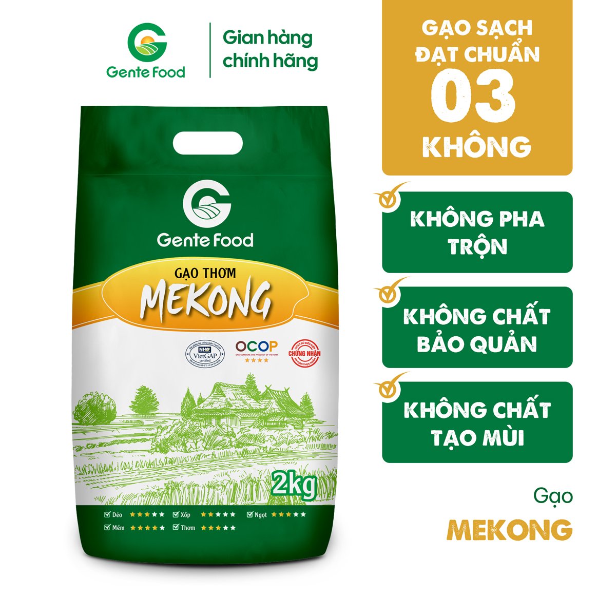 Gạo Mekong Gente Food 2kg - Thơm, Dẻo, Ngọt Vị, Ngon cơm