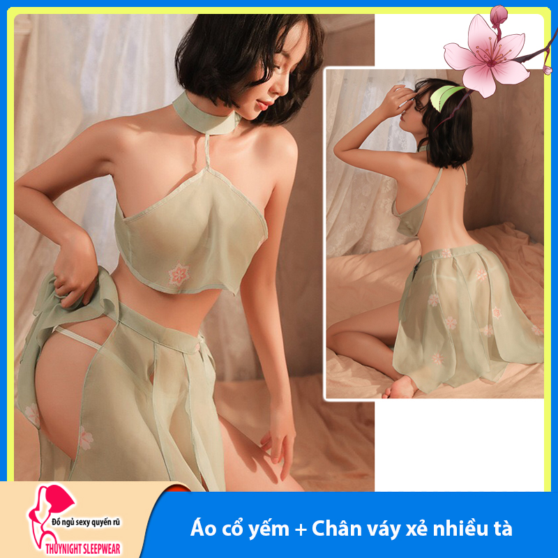 Váy ngủ cổ trang cổ yếm hở lưng kèm chân váy sexy cao cấp Q603 - Đầm ngủ cổ yếm gợi cảm quyến rũ - Đồ ngủ nữ