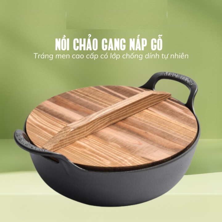 Chảo Gang Sâu Lòng Nắp Gỗ Đường Kính 25 CM Sịn Sò