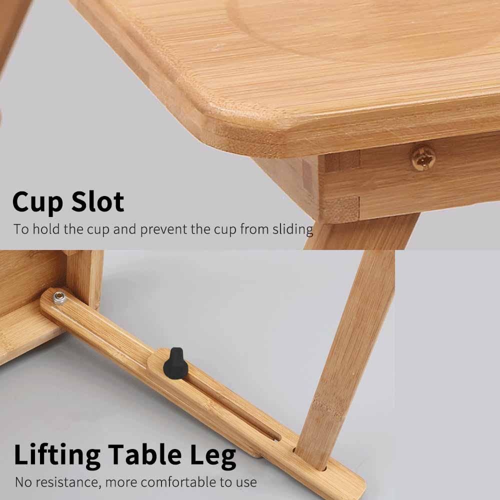 Foldable Bamboo Laptop Table 4-gear Adjustable Laptop Desk with Drawer Cup Slot for 13-15.6 inch Laptop
