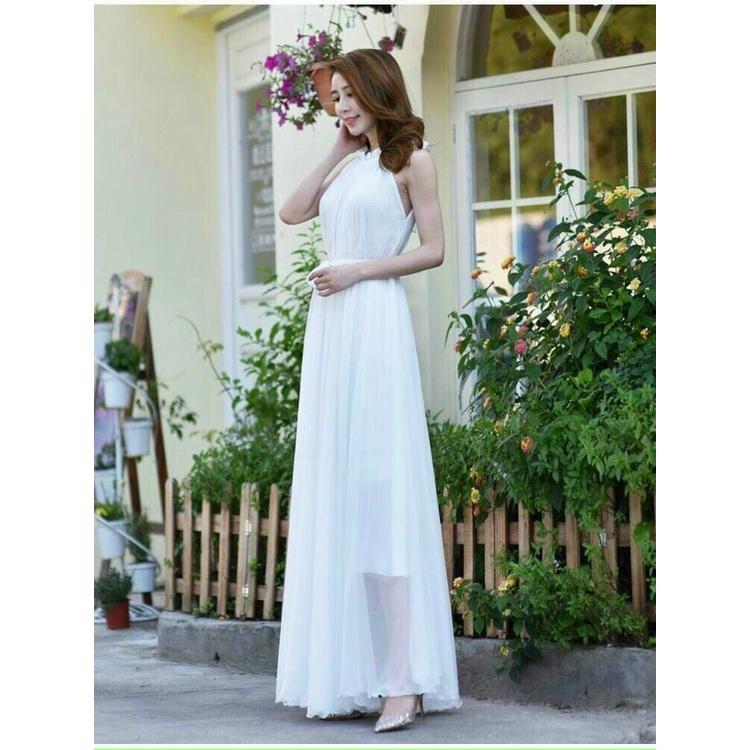 Đầm maxi dáng dài cột nơ eo hàng đẹp hai lớp