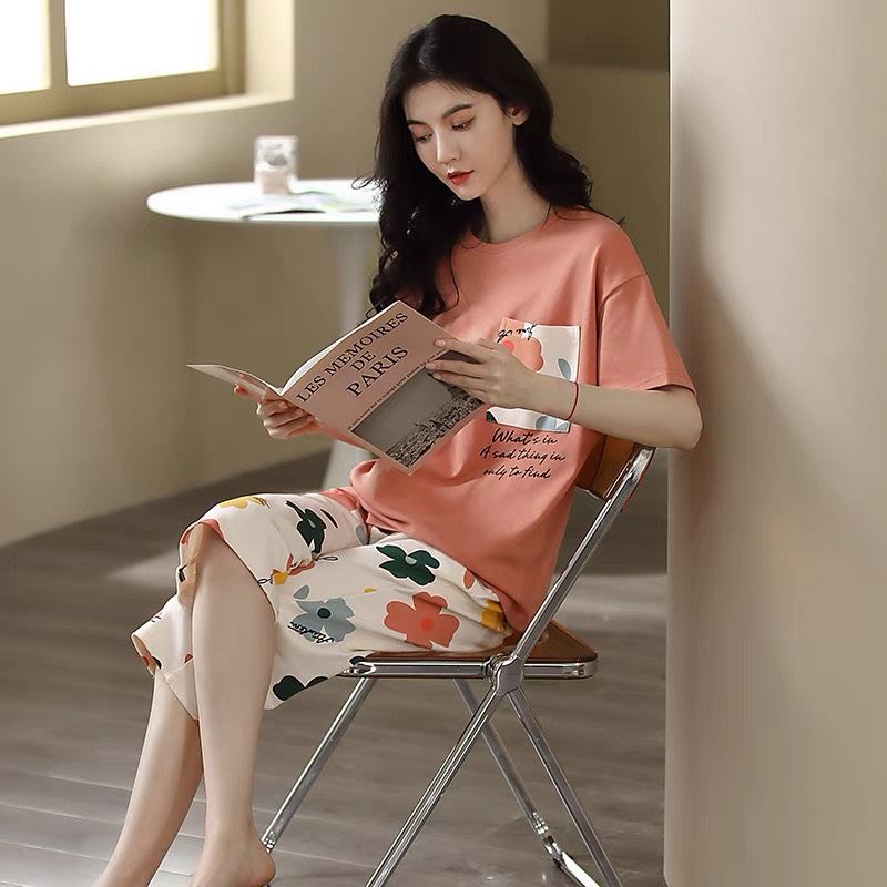 Đồ bộ mặc nhà cotton nữ tay ngắn quần lửng hình hoa mai 573 dễ thương