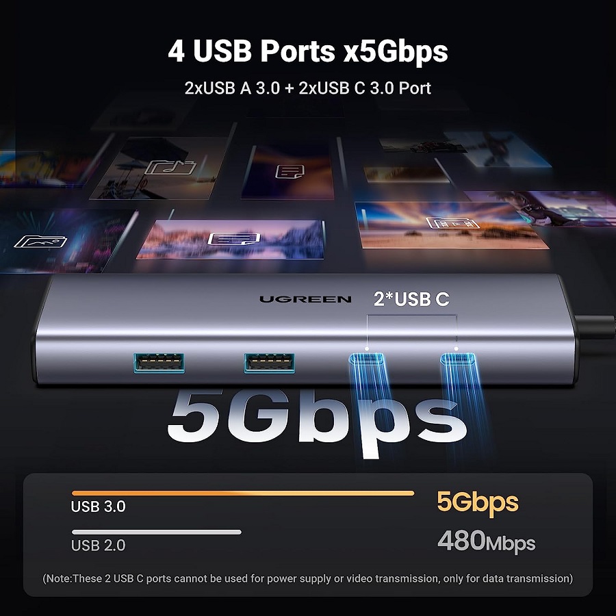 Hub USB-C 9 in 1 Ugreen 15375 CM498 HDMI 4K 60Hz, RJ45 1Gbps, USB 3.0, SD TF with PD 100W hàng chính hãng