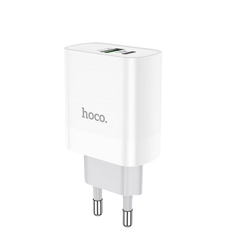 Củ sạc nhanh 3.1A Hoco 2 công Usb và Type-C chân cắm tròn chuẩn EU với chất liệu chống cháy - Hàng chính hãng