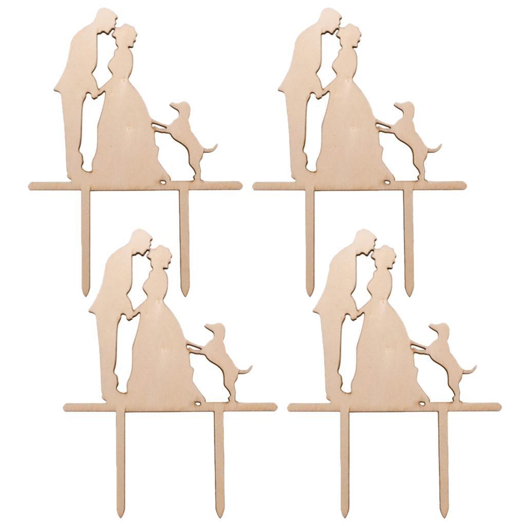 2X Pack of 4 Bride and Groom Silhouette with Dog Cake Topper Wedding Cake Decor