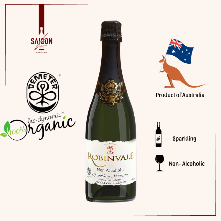 Vang sủi Robinvale Grape Sparkling 750ml - Không Cồn Organic - Moscato (Nho Trắng)