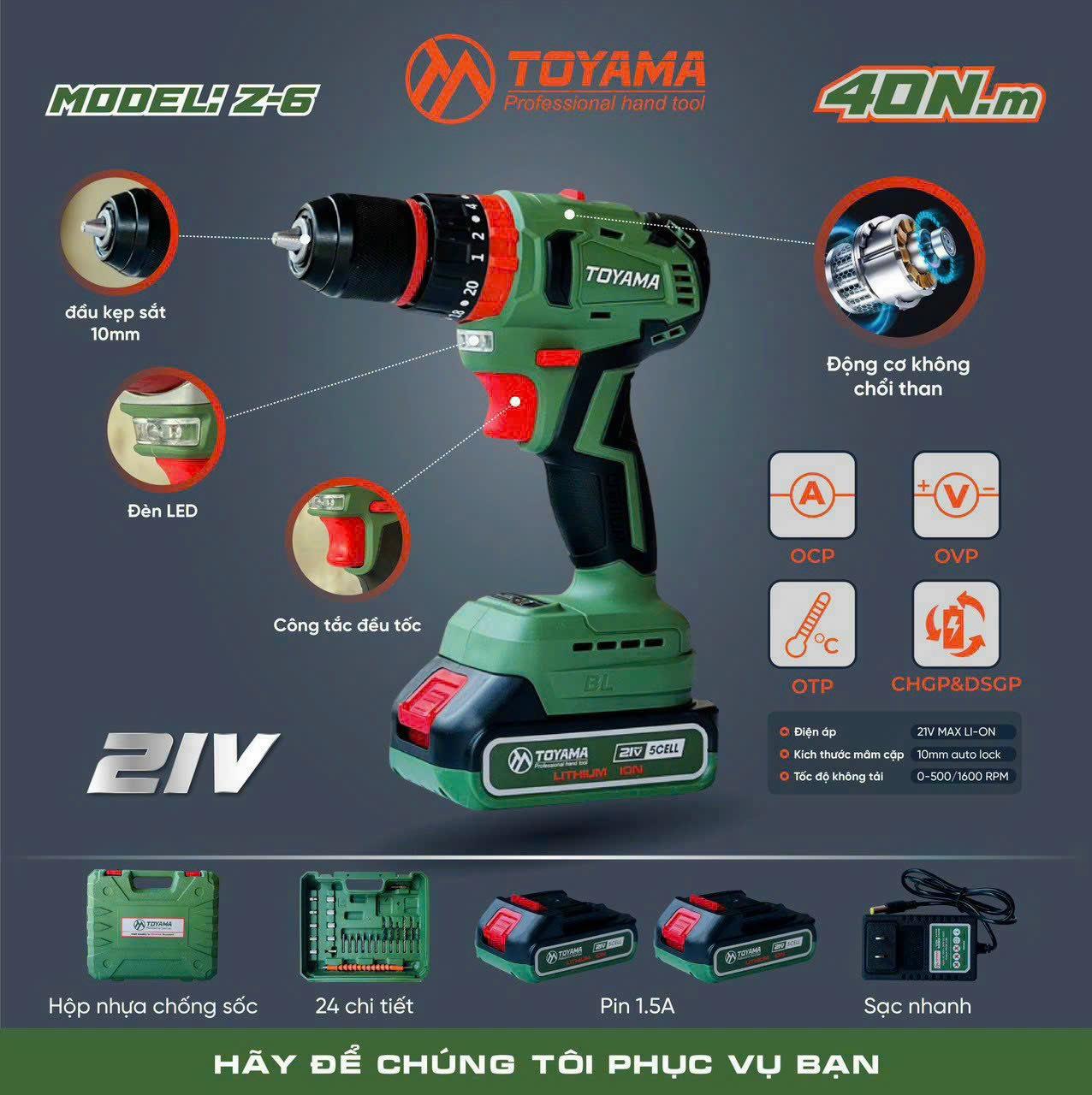 MÁY KHOAN DÙNG PIN 21V 10mm TOYAMA Z-6 - HÀNG CHÍNH HÃNG