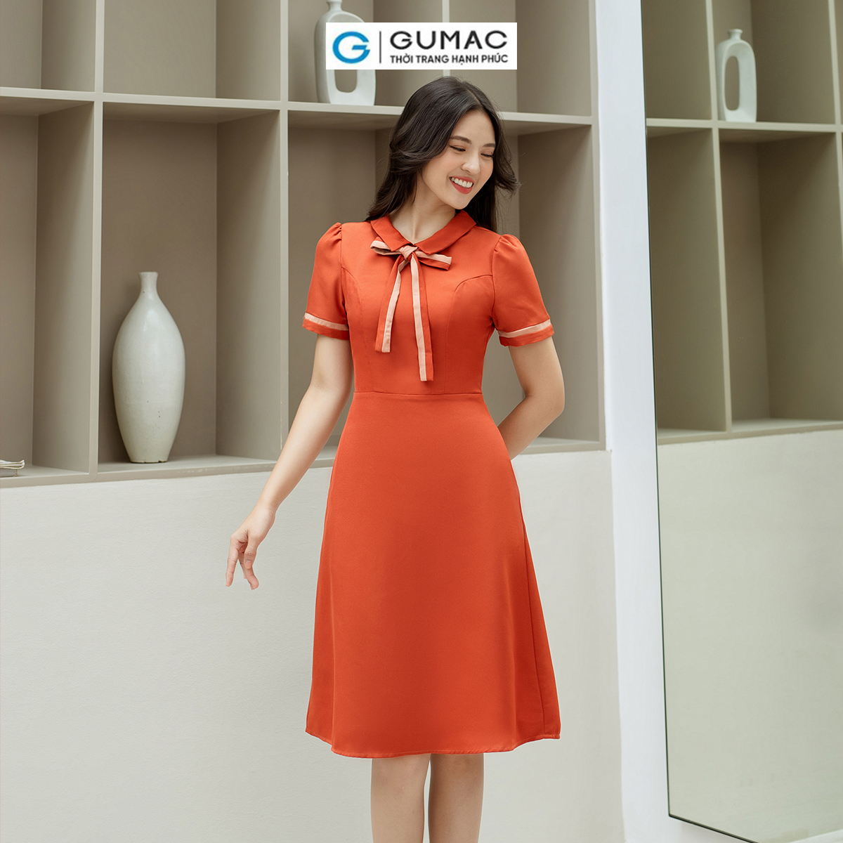 Đầm A nẹp tay phối thời trang GUMAC LDD0805