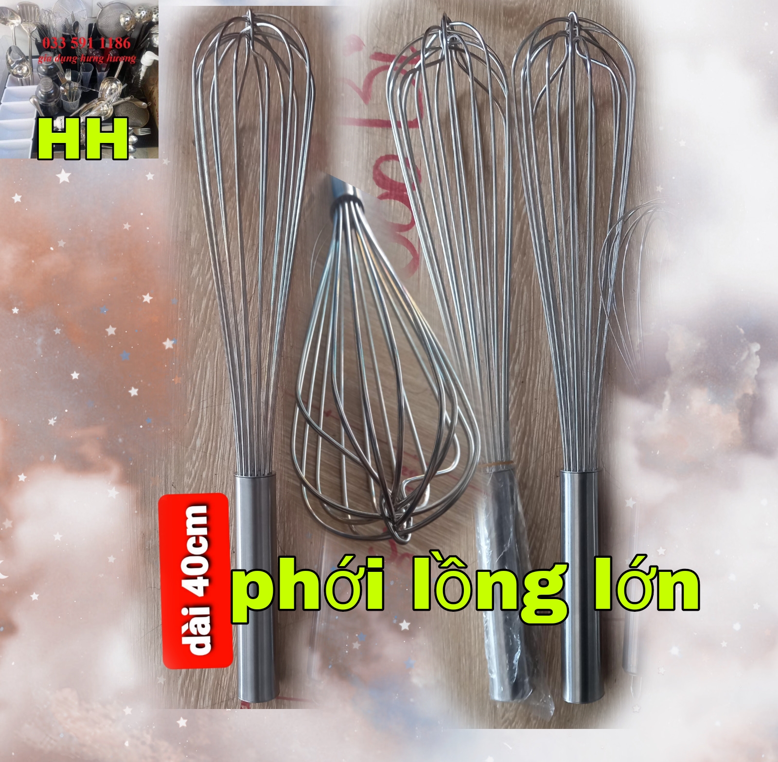 Dụng cụ Phới lồng đánh trứng trộn bột trà chanh làm bánh inox 304 dày dặn cao cấp đẹp 40cm