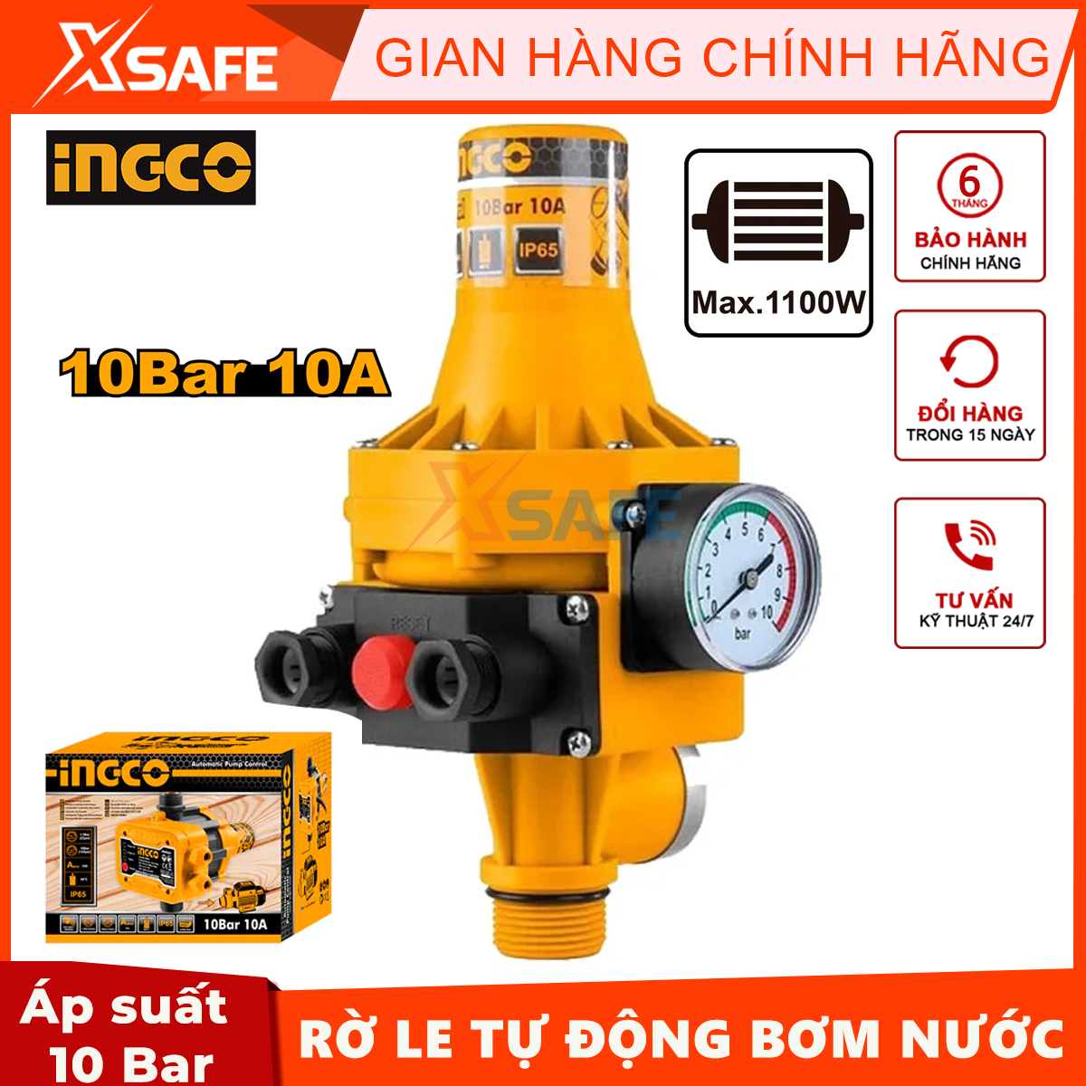 Rờ le tự động bơm nước bằng áp suất INGCO Máy rờ le bơm nước Áp suất khởi động 1.5bar Áp suất tối đa 10 bar - cam kết chính hãng