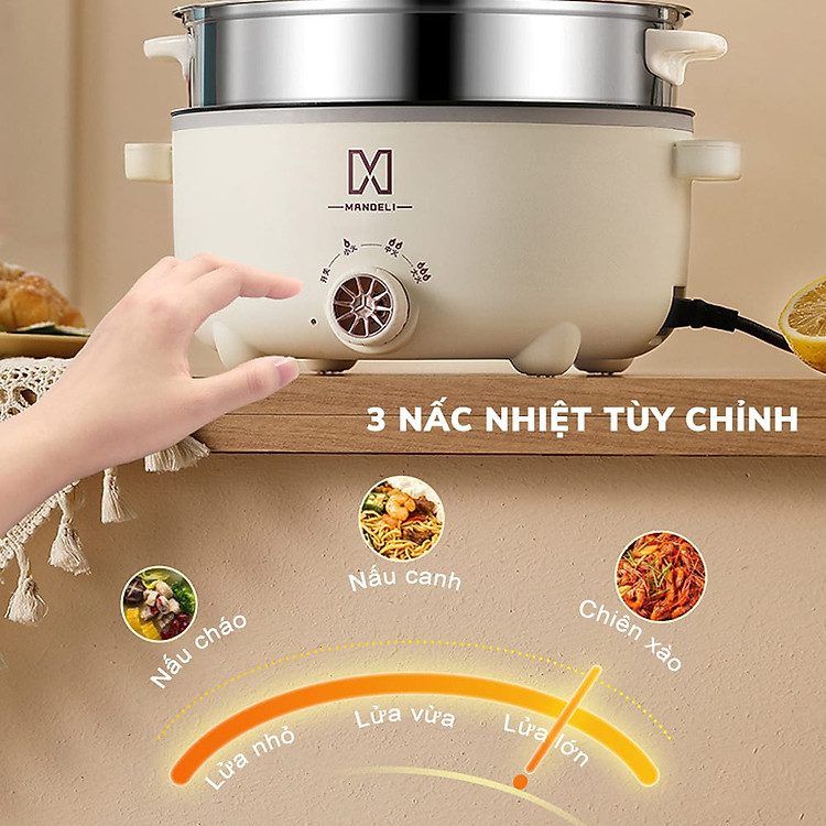 Nồi Lẩu Điện 2 Tầng 28cm Mandeli, Nồi Lẩu Điện Đa Năng Kèm Xửng Hấp Công Suất 1000W Nồi Lẩu Điện Đa Năng 2 Tầng Kèm Giá Hấp Inox 28 Cm Tráng Men Chống Dính Công Suất 1000W- Hàng chính hãng