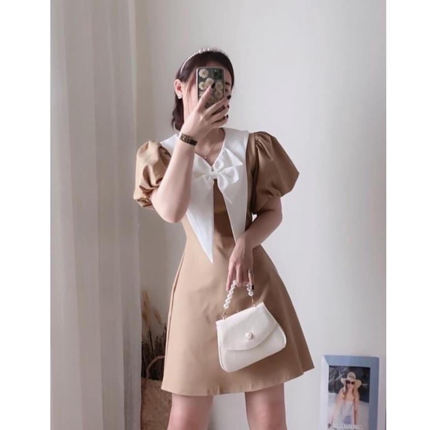 Váy nữ màu be, tay bồng, kèm nơ cách điệu, đi chơi, đi làm đều ok