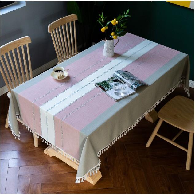 Khăn trải bàn đẹp mẫu kẻ sọc xám, hồng, trắng trang nhã - TB436