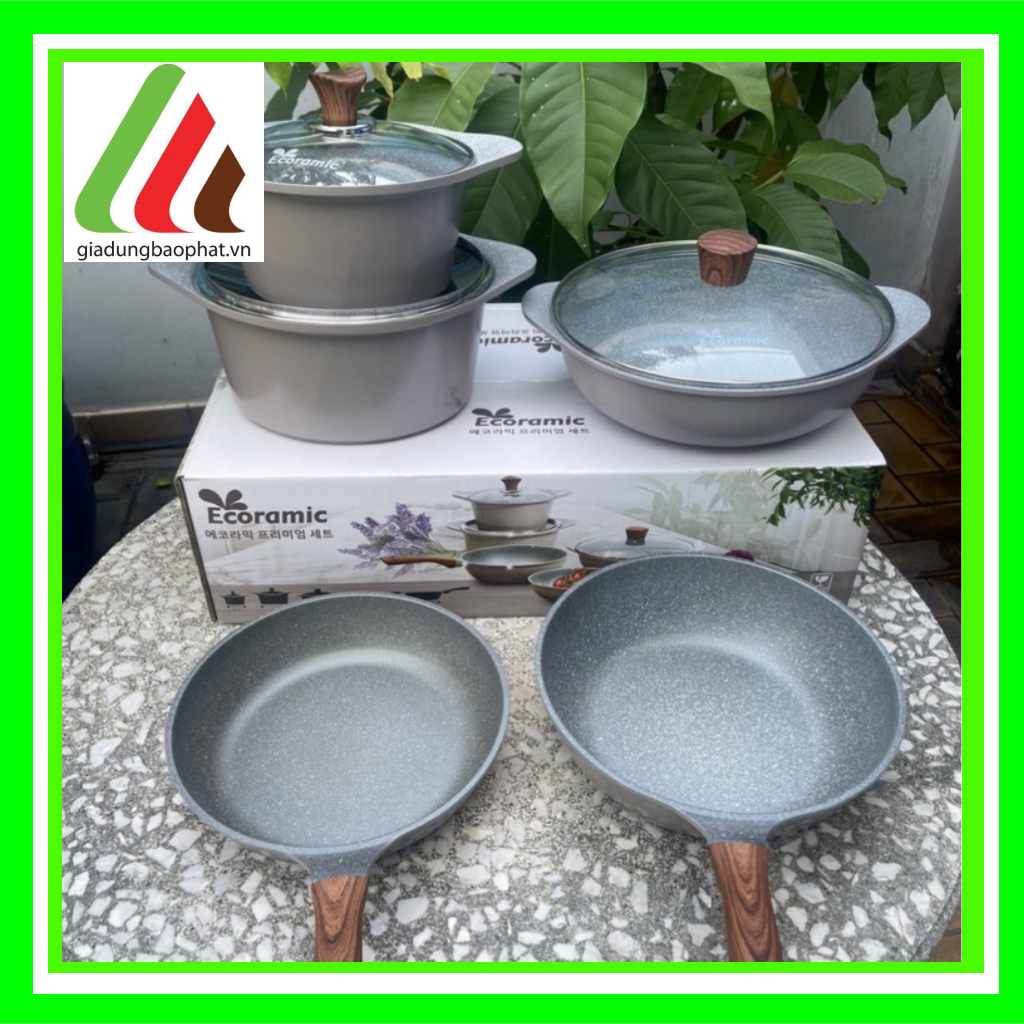 Bộ nồi chảo đúc đáy từ vân đá ecoramic Hàn Quốc cao cấp chính hãng 5 món kèm chảo đá nướng cao cấp 33cm