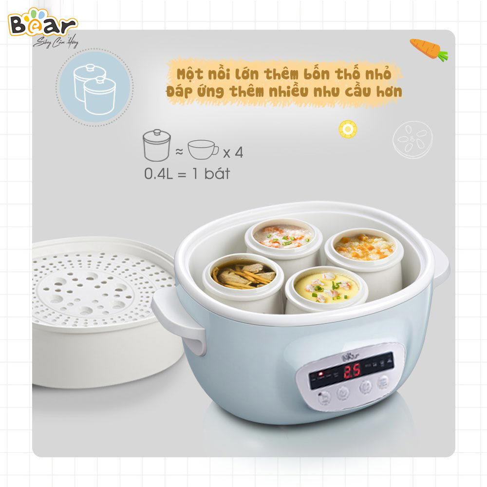 Nồi nấu chậm Bear 2.5L có lồng hấp (5 thố sứ)- Có lồng hấp (Hàng chính hãng)