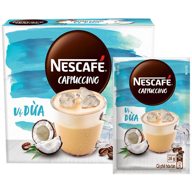 [Tặng 1 bình nước Lock&amp;Lock 1.2L] Combo 2 hộp cà phê hòa tan Nescafé Cappuccino vị dừa bao bì mới (Hộp 10 gói x 20g)