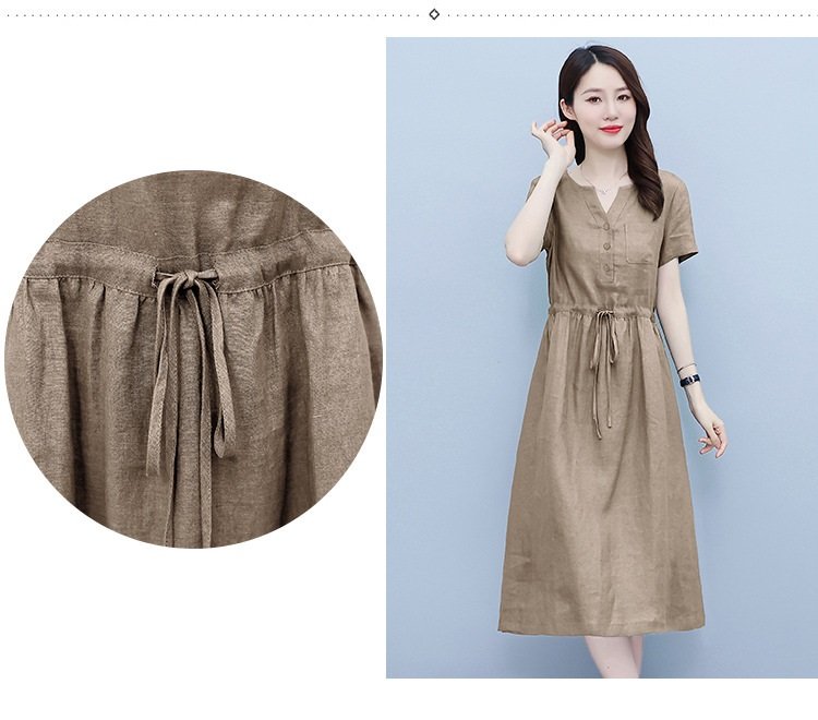Đầm suông nữ vải Linen rút eo cổ V tay ngắn da218