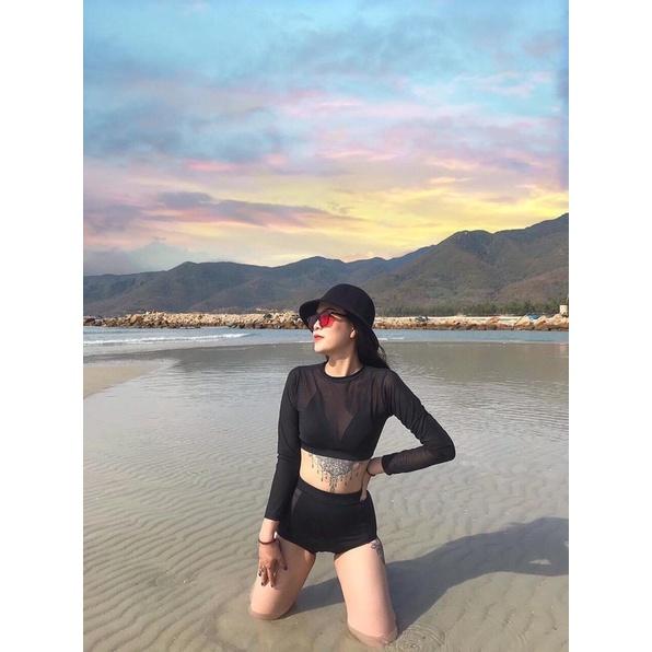 Bikini, Đồ Bơi Đi Biển Hai Mảnh Tay Dài Phối  Lưới Siêu Hot Màu Đen R28