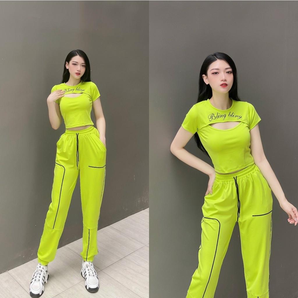 Set bộ thể thao nữ tập gym, yoga, aerobic, dance, chạy bộ gồm quần jogger dáng rộng và croptop cá tính