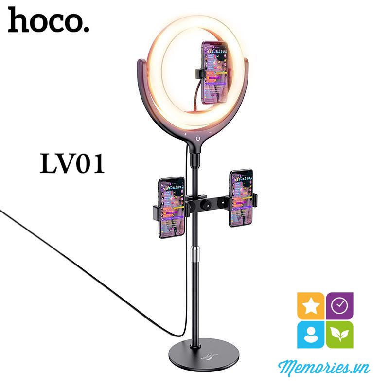 Bộ đèn tròn Livestream Hoco LV01 + kèm 3 kẹp điện thoại 4,7-6,5 inch, chân đế - Hàng chính hãng, chất lượng cao