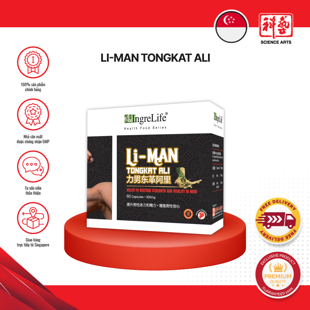 Viên Uống Tăng Cường Sinh Lý Nam Li-Man Tongkat Ali IngreLife Singapore Tăng Cường Sức Mạnh, Độ Bền Và Sinh Lực Nam, Hỗ trợ Giảm Mỏi Cơ Trong Thể Thao - Hộp 60 Viên