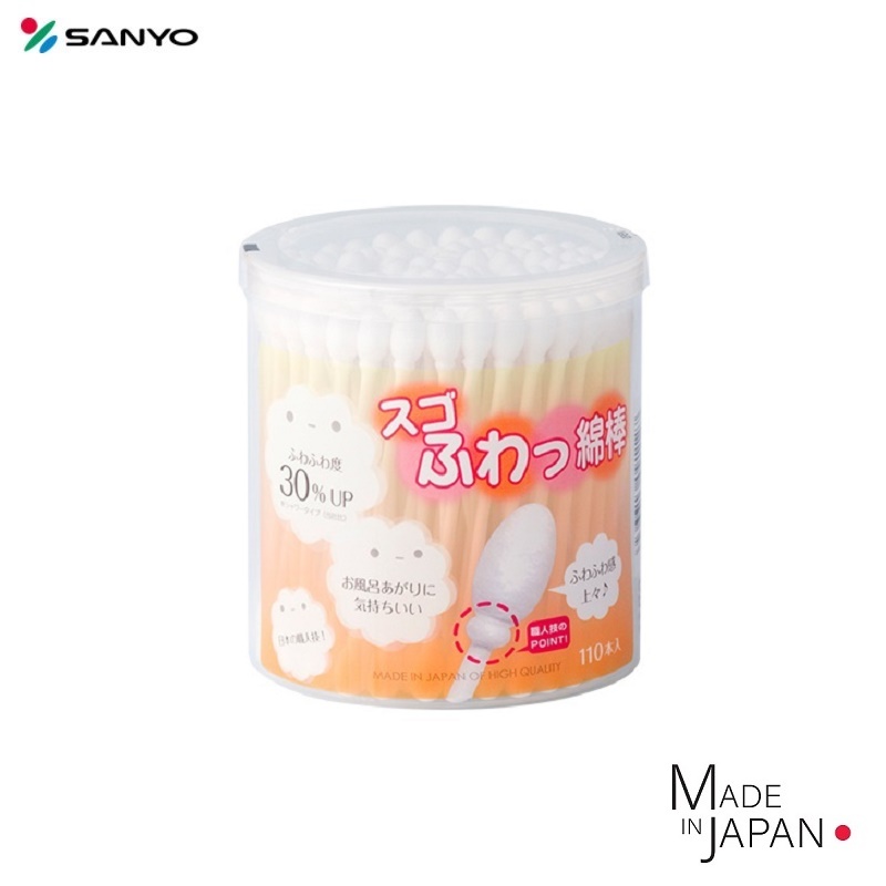 Combo hộp 110 chiếc tăm bông Sanyo kháng khuẩn an toàn cho bé + dụng cụ cọ rửa bình sữa - nội địa Nhật Bản