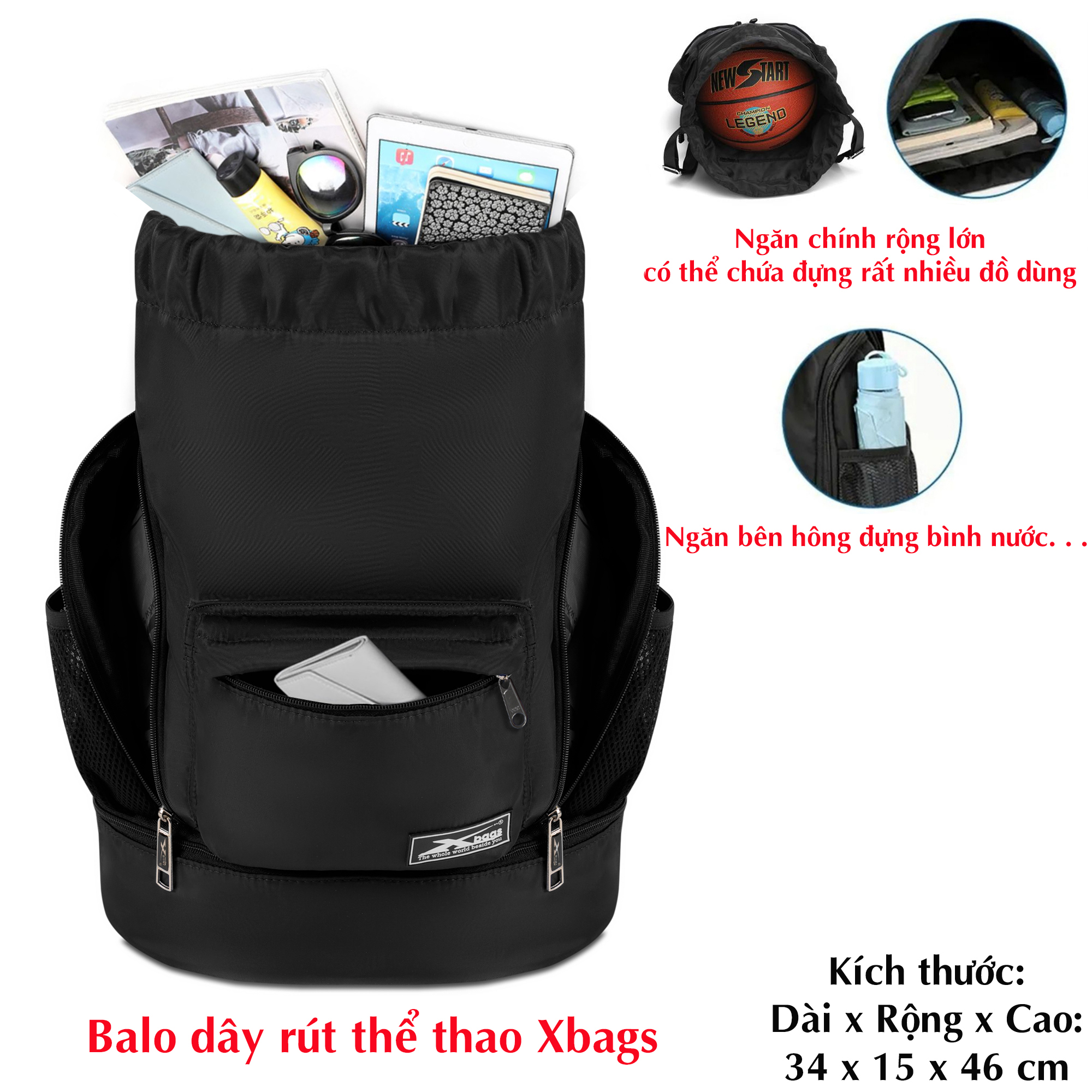 Balo dây rút thể thao đen Xbags Wisdom Xb 6004, Chất liệu chống thấm nước hiệu quả