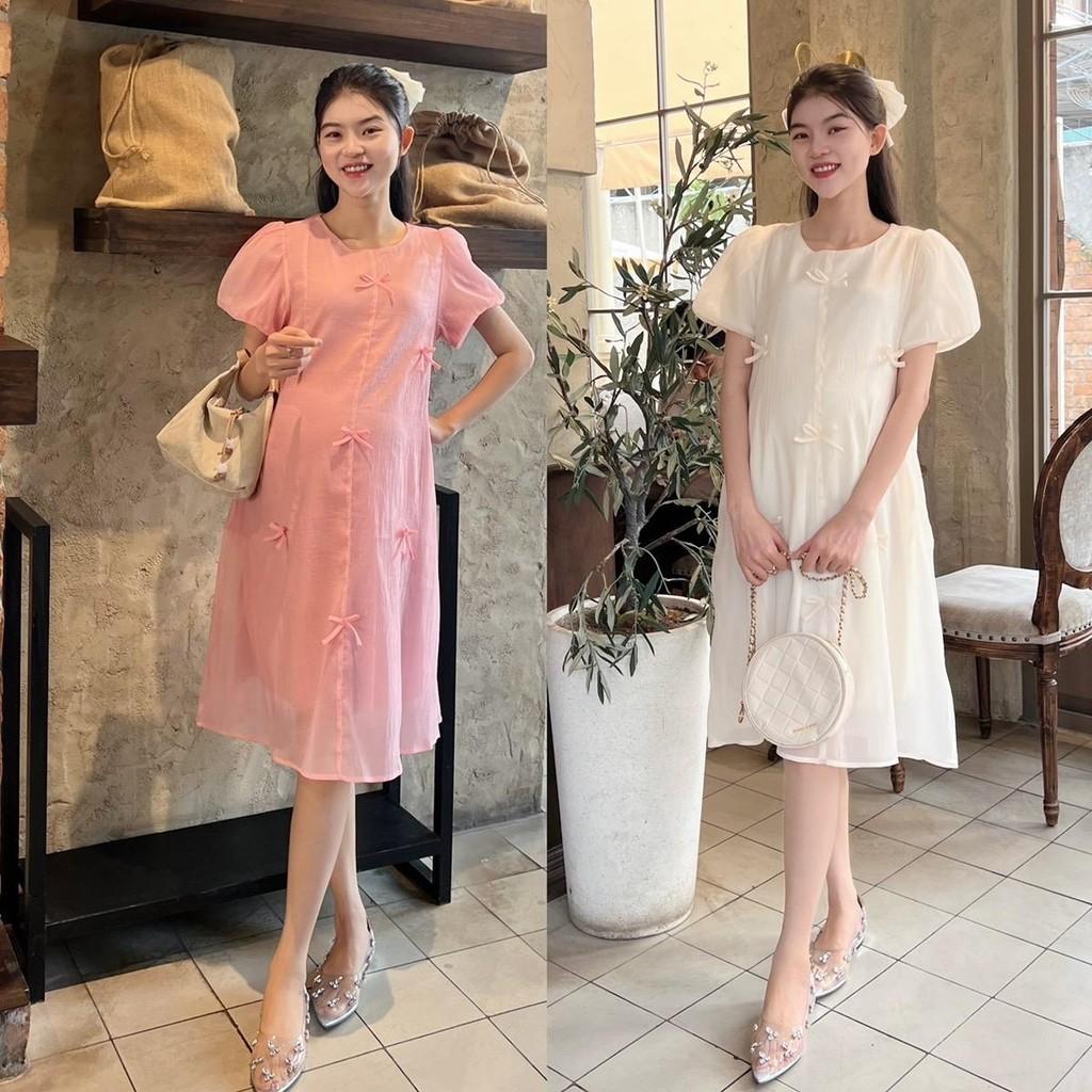 Đầm bầu tơ phom suông đính nơ nhẹ nhàng, dễ thương, sang chảnh - Hồng