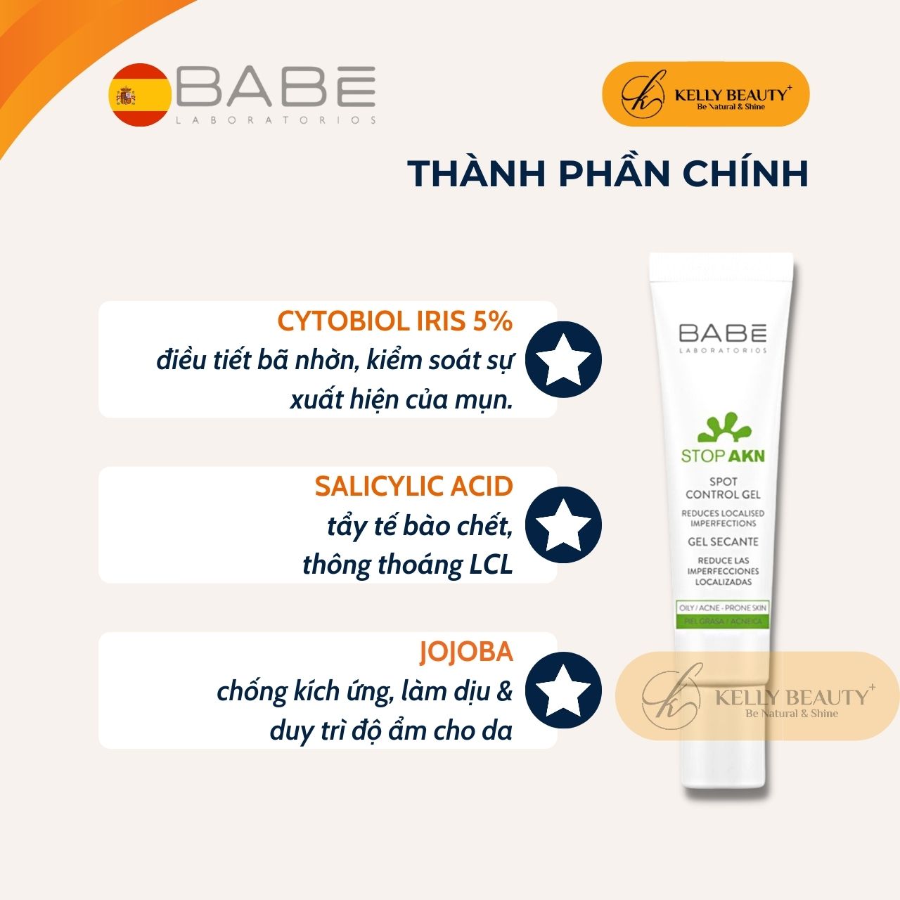 Chấm Mụn BABE Spot Control Gel - Giảm Viêm, Khô Cồi, Đẩy Nhân Mụn; Hỗ Trợ Lành Vết Thương - Kelly Beauty