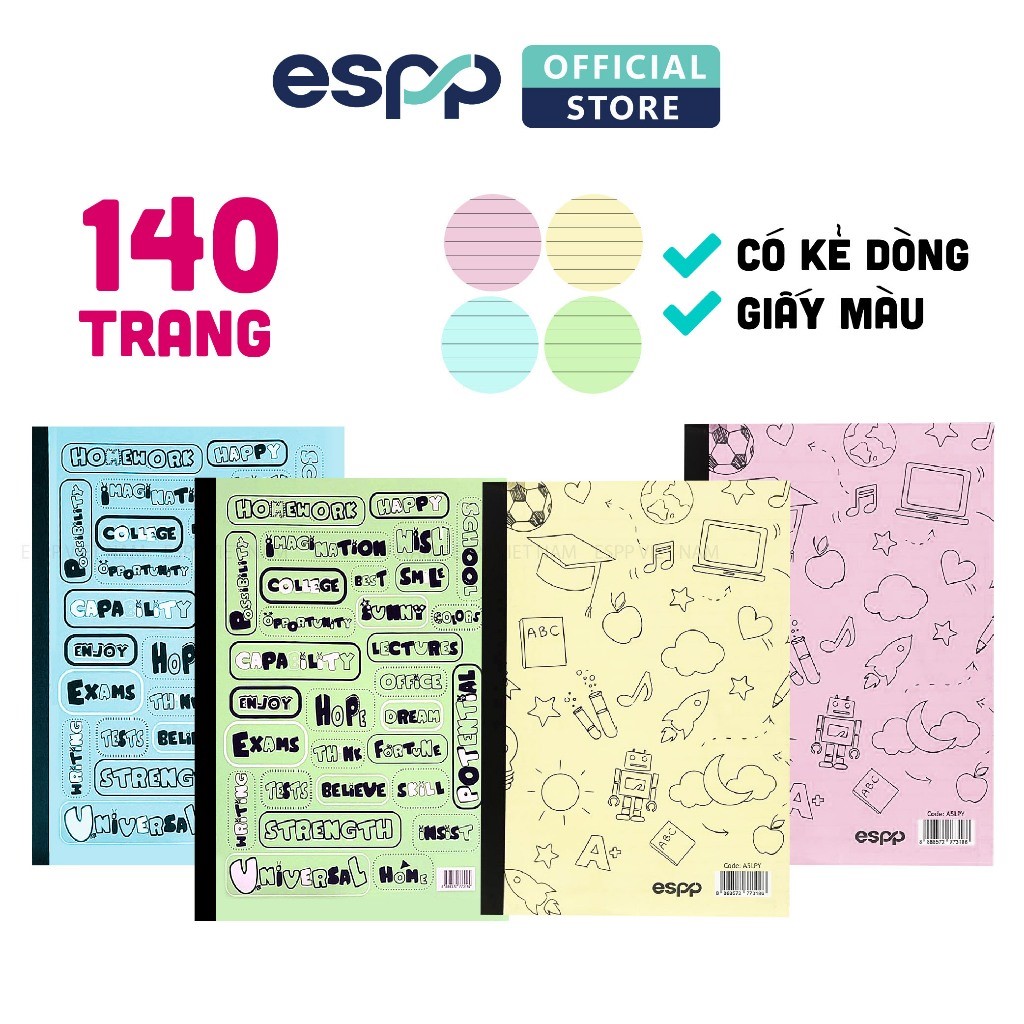 Vở viết A5 có kẻ dòng 140 trang (Bìa Xanh Dương, Xanh Lá, Vàng) – ESPP