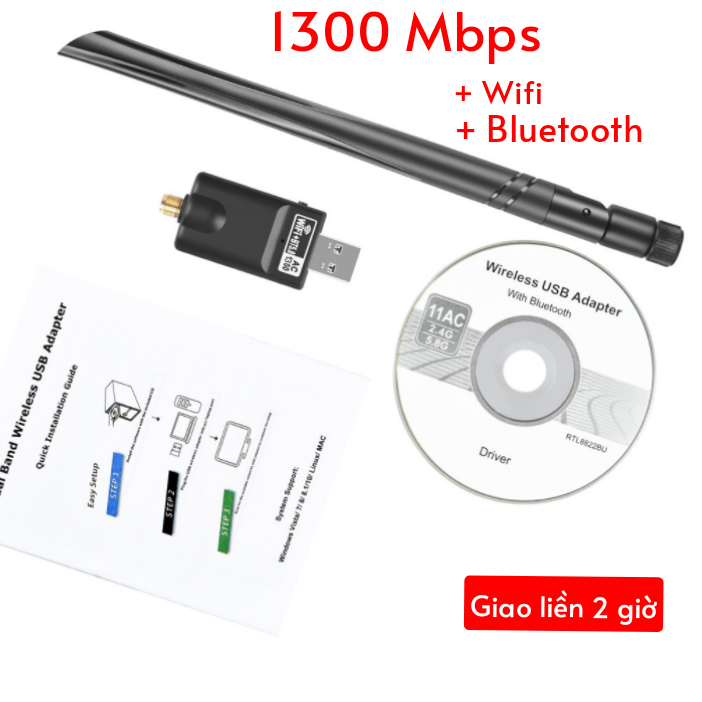 USB WiFi + BLUETOOTH 600Mbps 5G , đầu thu wifi cho pc laptop card mạng wifi bluetooth - Nota 1300Mbps + Bluetooth 5.0 + Anten