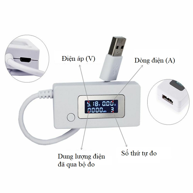 Thiết bị đo điện áp, cường độ dòng điện sạc điện thoại version 2  - Tặng kèm quạt cắm cổng mini (màu ngẫu nhiên, vỏ nhựa)