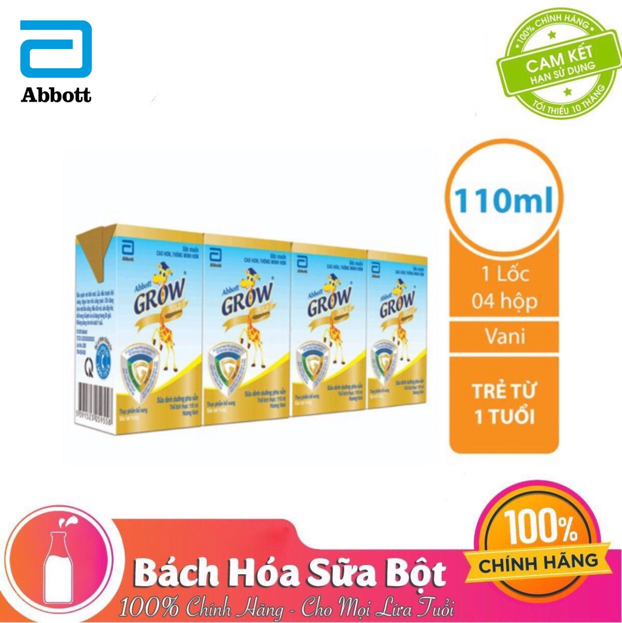 Lốc 4 Hộp Sữa Nước Abbott Grow Gold Hương Vani 110ml/180ml