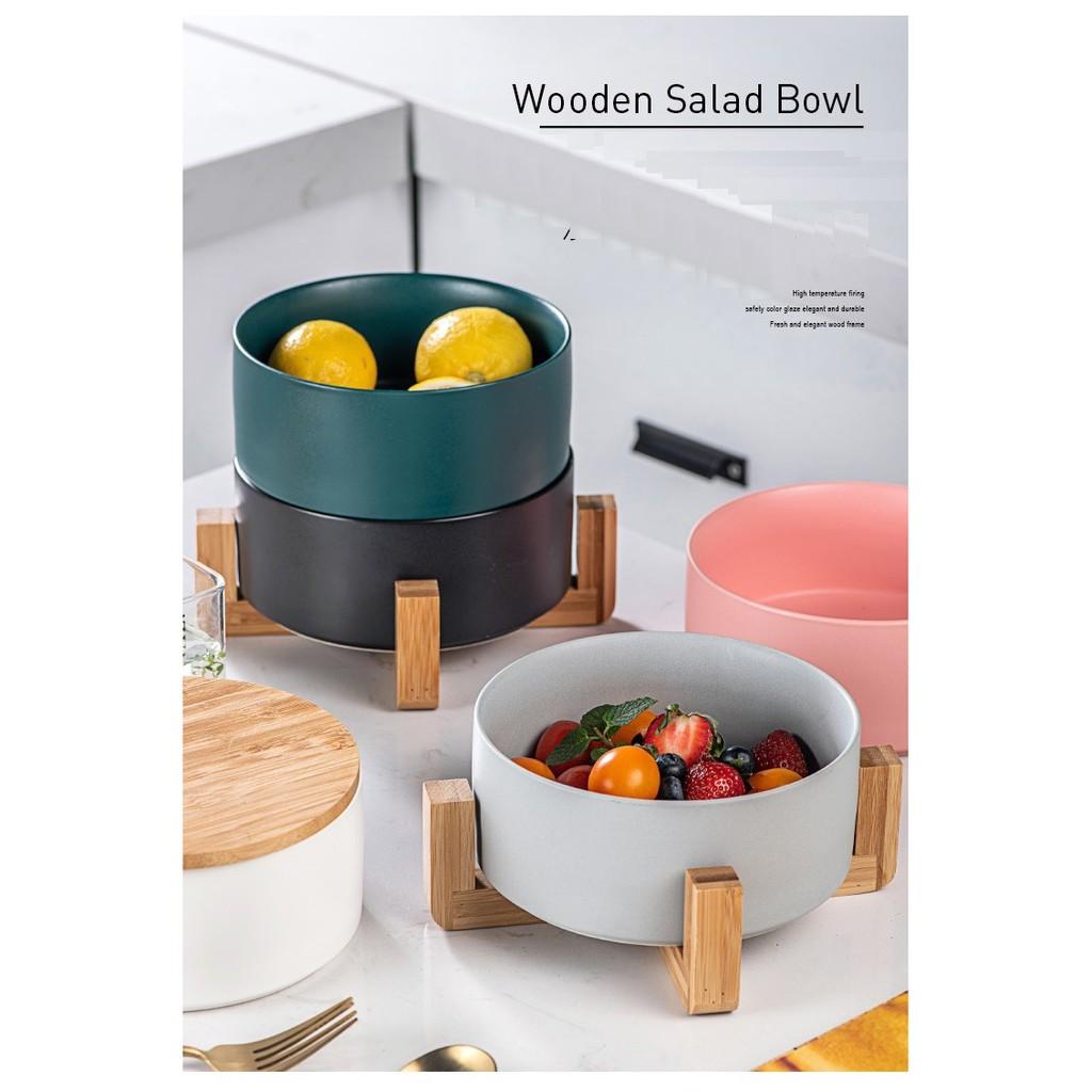(SẴN) Tô sứ kèm kệ gỗ chống nóng, tô salad sứ màu pastel phong cách Bắc Âu 16cm - Bát sứ cao cấp xuất khẩu