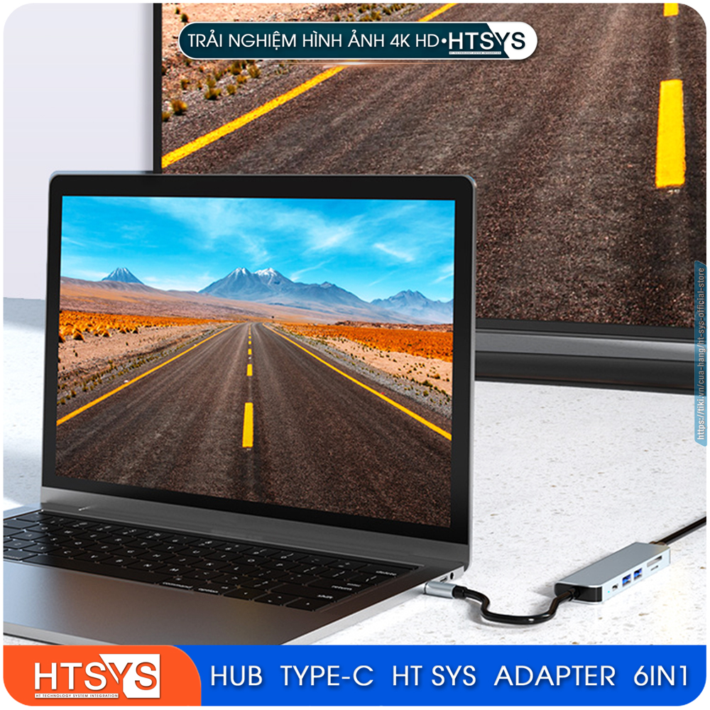 Hub Chuyển Đổi USB Type C HT SYS 6 in 1 To HDMI, USB 3.0, SD, TF, PD 100W - Hàng Chính Hãng