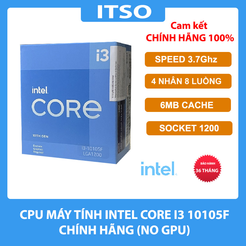 CPU máy tính Intel Core I3 10105F, 3.7Ghz 6MB, Socket LGA 1200 - Hàng chính hãng