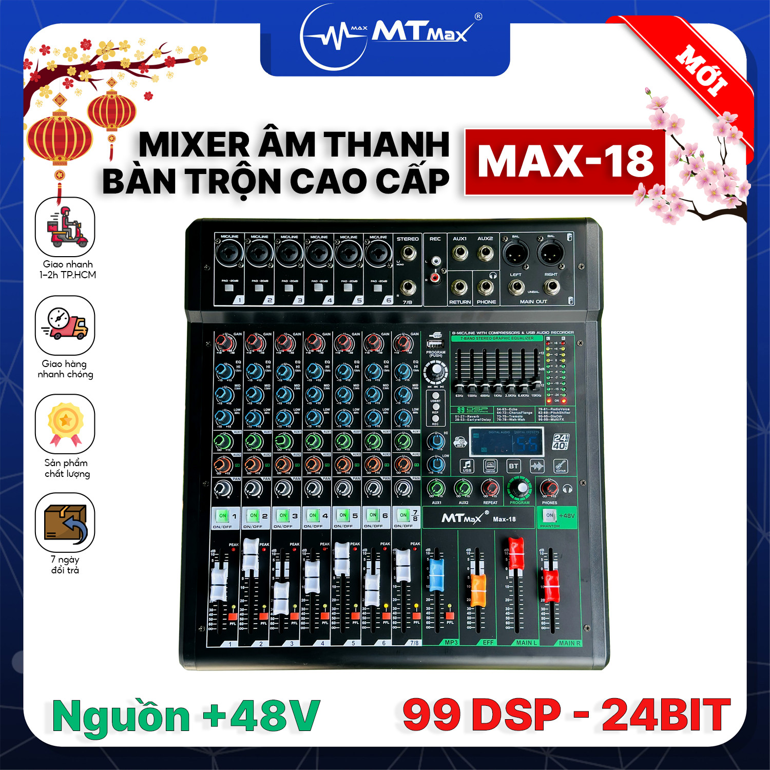 Mixer MTMAX MAX18 – 6 Dường Line Tích Hợp Nguồn 48V, 99 Hiệu Ứng DSP, Hát Livestream, Thu Âm, Karaoke Với Dàn Âm Thanh Gia Đình Hàng Chính Hãng