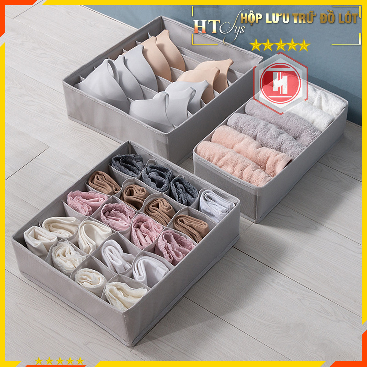Hộp Đựng Đồ Lót Bằng Vải Ht Sys - Hộp Lưu Trữ Đồ Lót Gấp Gọn 3 Trong 1 - Màu Xám