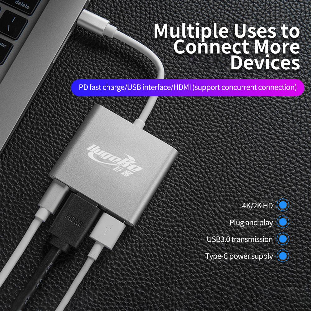 Hugeke Trung tâm mở rộng 3 trong 1 Type-C Bộ chuyển đổi USB C sang HD / USB3.0 / PD Bộ chuyển đổi 4K / 2K Thay thế cho Mac / Huawei / Samsung