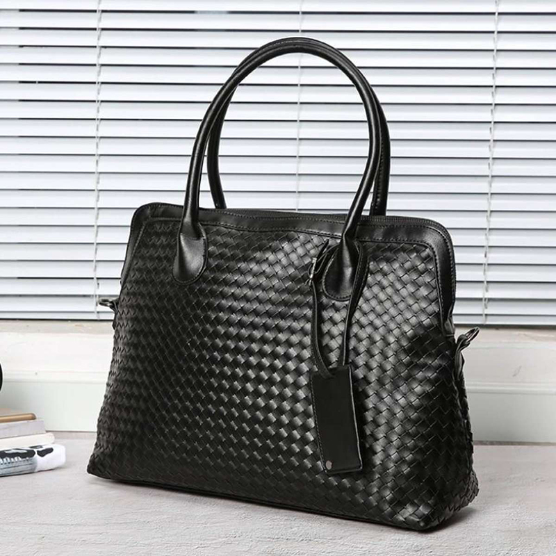 Men's Business Casual Tote Bag Leather Weave - Black