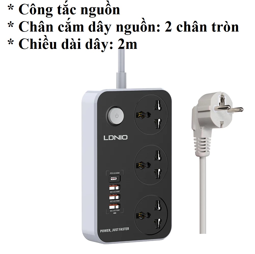 Ổ cắm đa năng 2500W hỗ trợ 3 cổng USB QC18W và PD20W LDNIO SC3412 _ hàng chính hãng