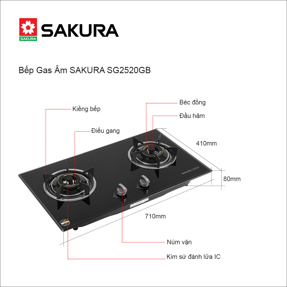 Bếp Gas Âm Mặt Kính SAKURA SG-2520GB  - Hàng Chính Hãng