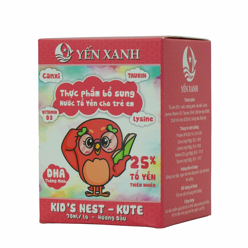 25% tổ yến - Thực phẩm bổ sung: Nước tổ yến chưng dành cho trẻ em Kid's nest - Kute hương dâu - YẾN XANH - Hộp 1 lọ x 70ml