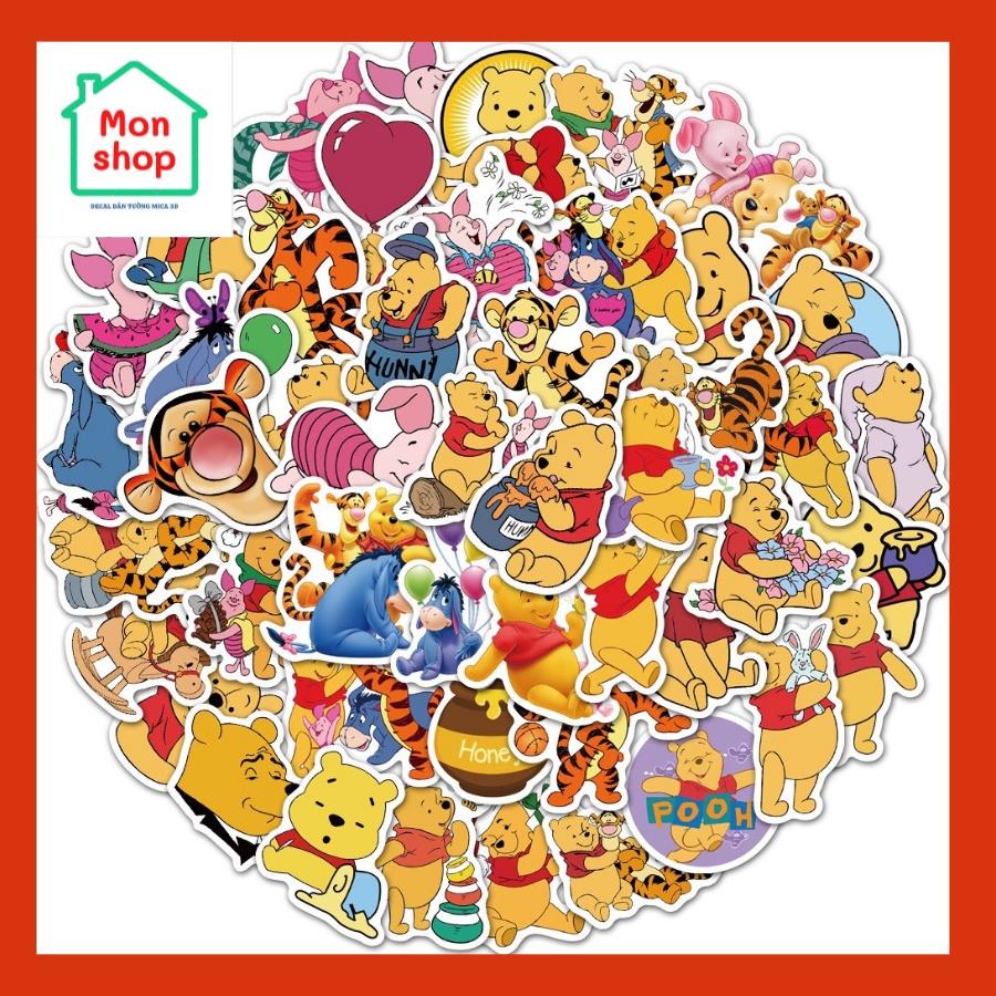 Set 50 Sticker Decal Chống Nước hình voi, hươu,Gấu Pooh Dễ Thương Dán Nón BH, laptop, vali, xe, tập vở