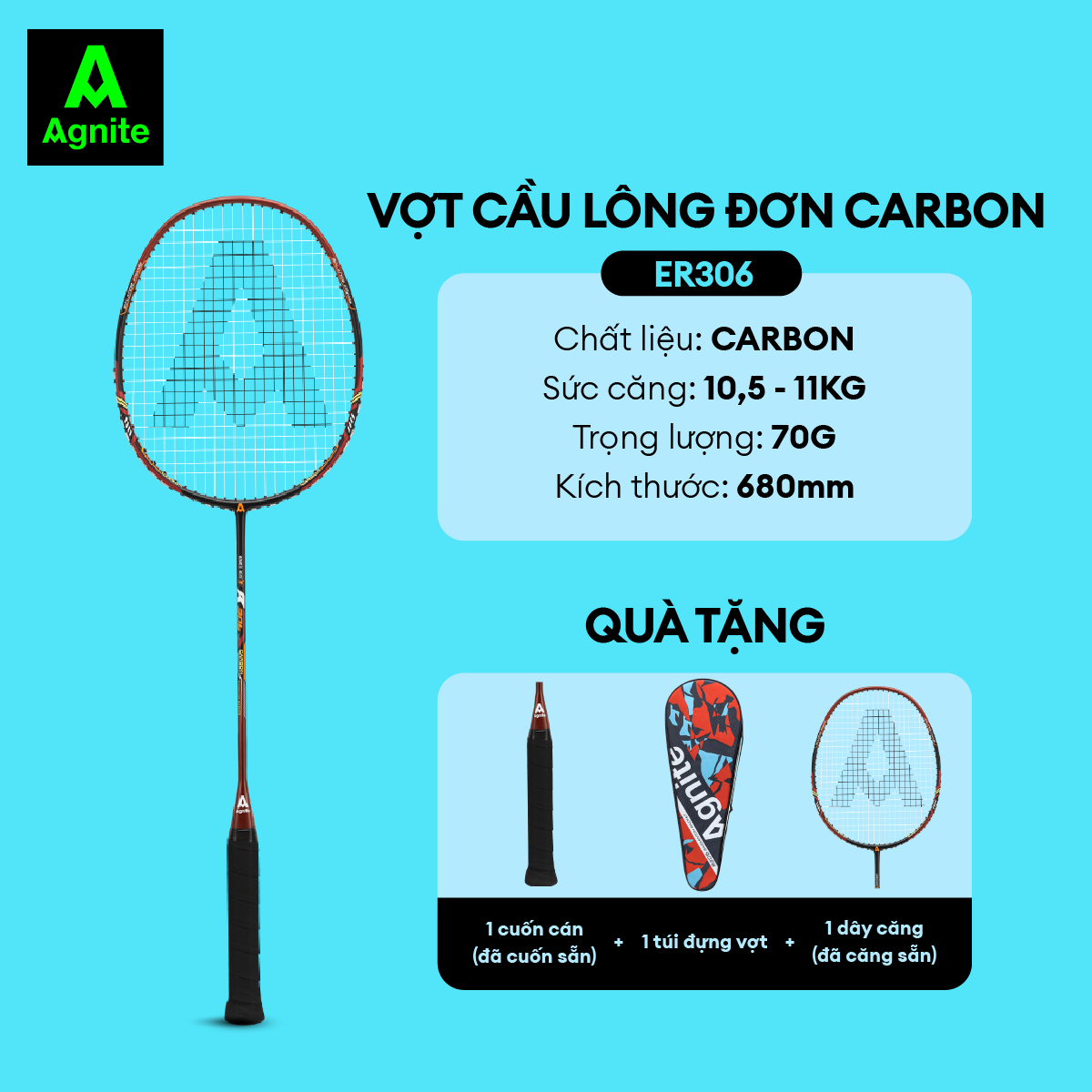 Vợt cầu lông 100% carbon Agnite chính hãng, vợt đơn căng sẵn 11kg, siêu nhẹ, tặng kèm túi đựng vợt, quấn cán đã quấn sẵn