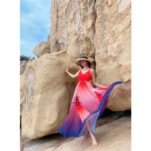 HOANGYEN - Edana dress đầm maxi hở lưng phối bèo đi biển, váy đi biển, du lịch