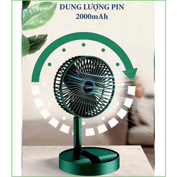 Quạt Tích Điện Super mini, Quạt Tích Điện Để Bàn Gấp Gọn 3 cấp độ, Sử Dụng Liên Tục 4 Tiếng